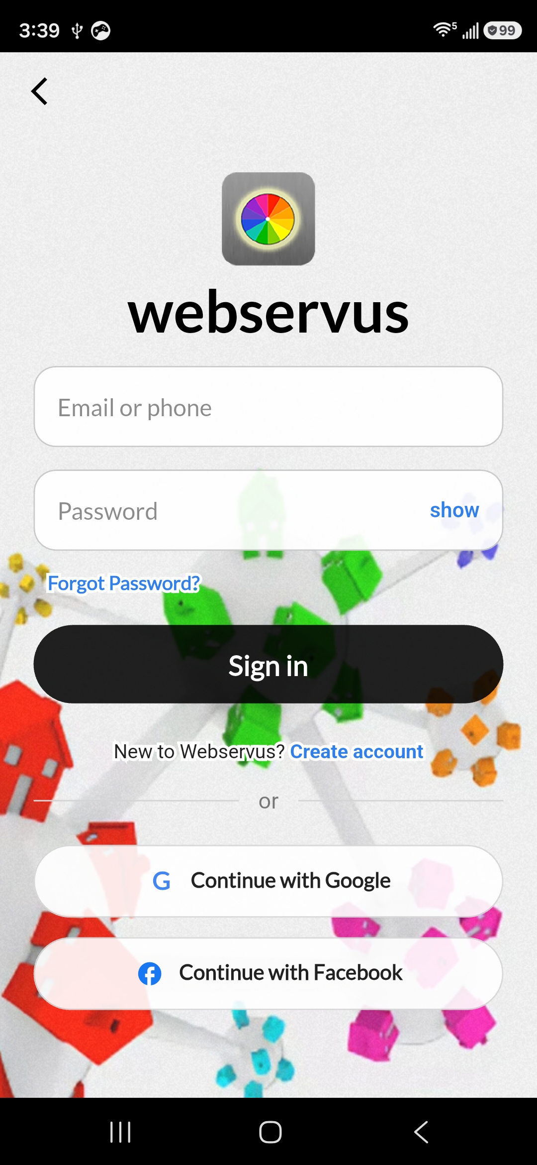 Webservus mobile login screen